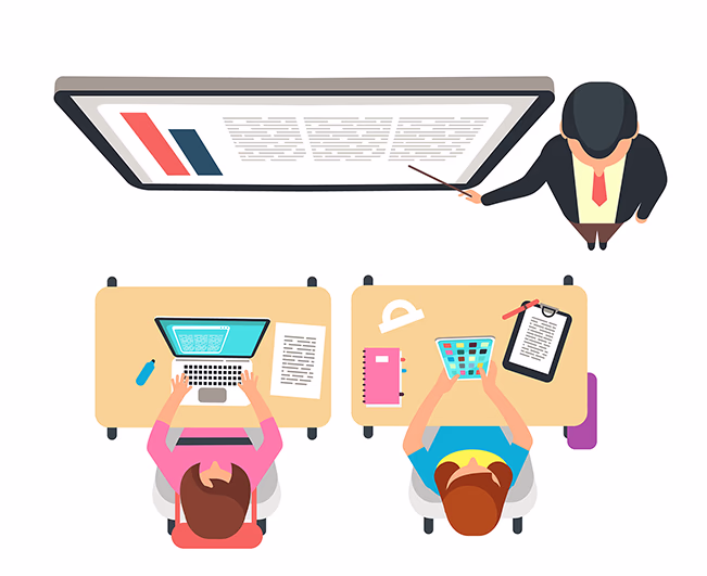 교실에서 DELF B2 수업을 진행하며 토론하는 학습자들